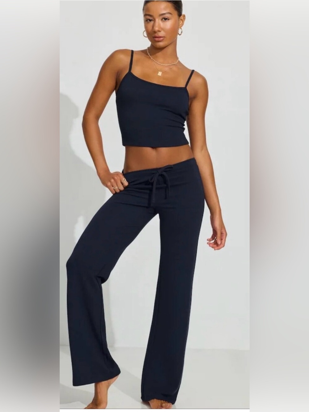 Garage Navy Blue Drawstring Wide-Leg Lounge Waffle Pants